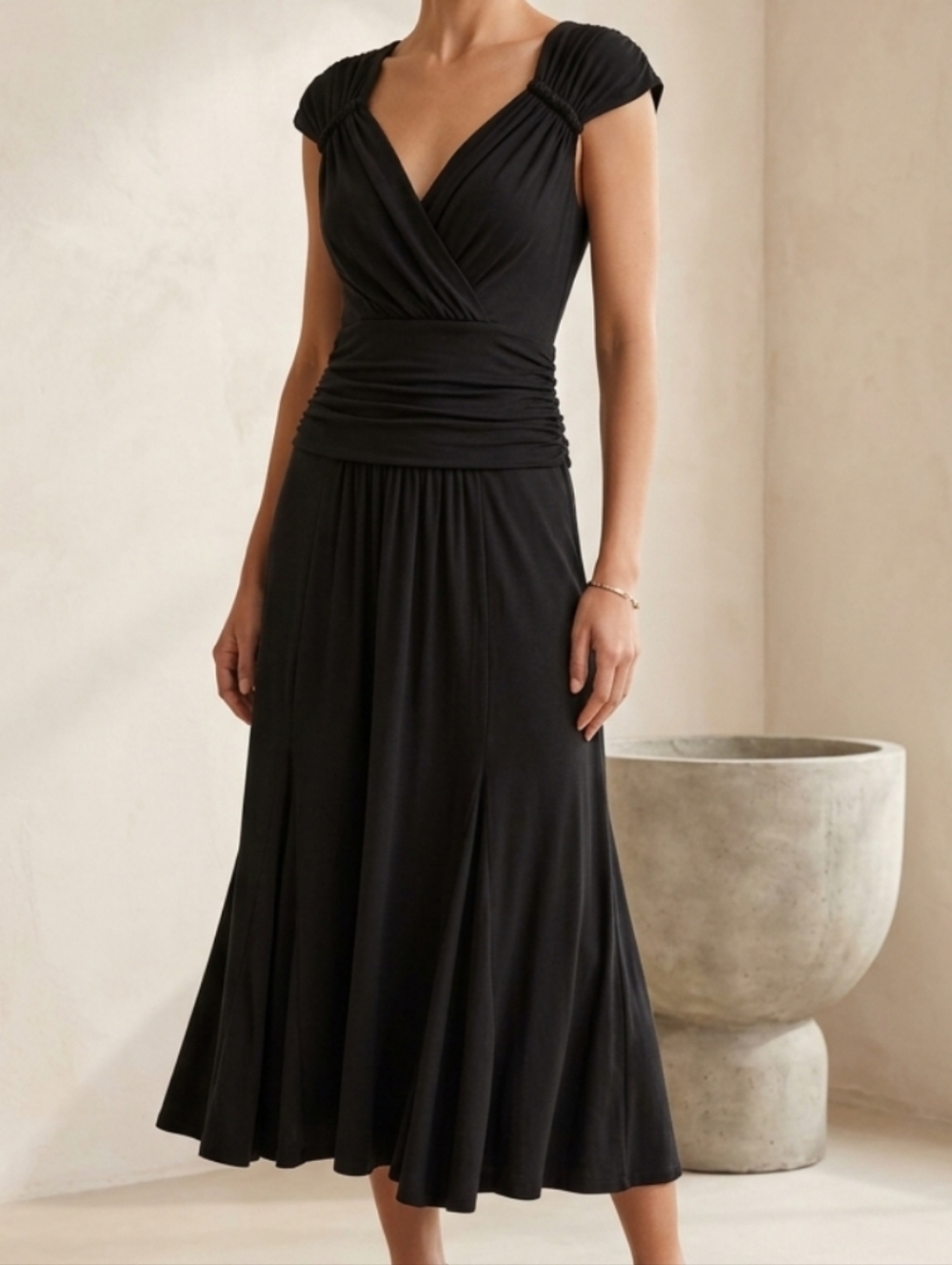 Peruvian Connection Pima Cotton Dress Black Modal Fonteyn Midi V Neck Sz Xs